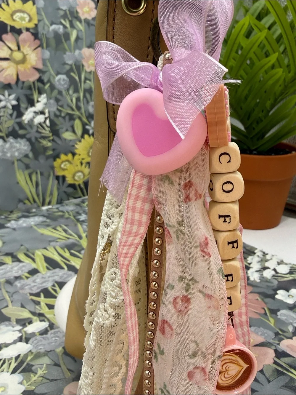 👑Adorned Crown Jewelry purse bag charm keychain coffee fabric tassel